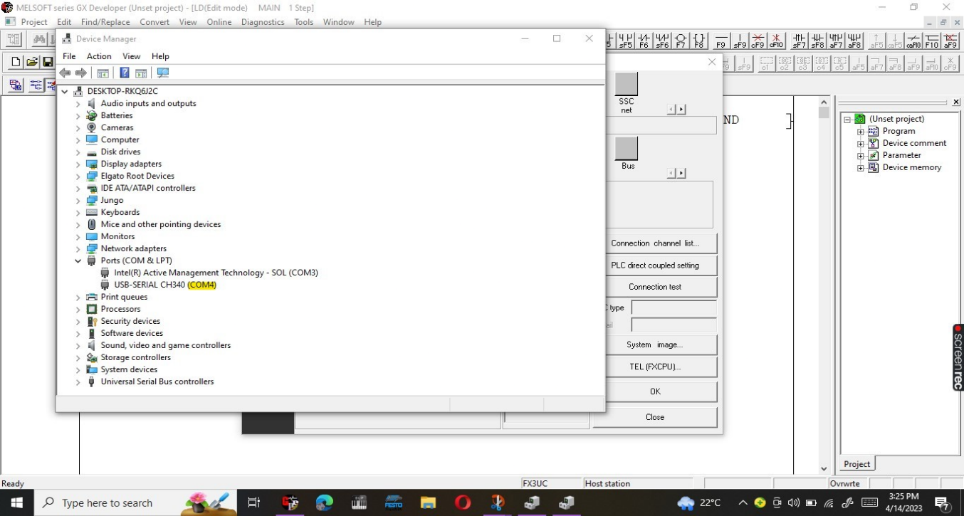 identifying COM port in which the USB-SC09-FX programming cable is connected from the PC's device manager