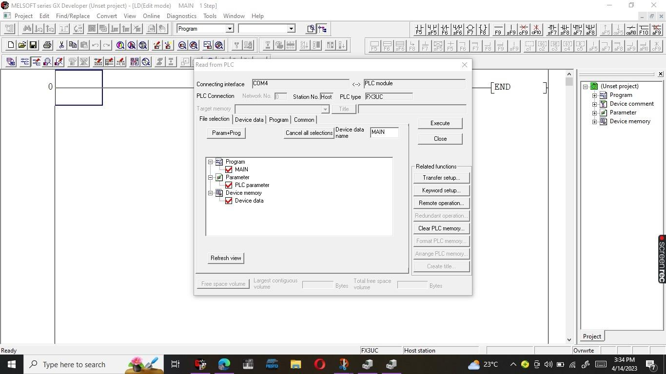 reading a program from a PLC with Program MAIN, PLC parameter, and Device data checked