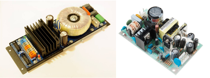 Inside a linear power supply (left) and a switch power supply (right) is a transformer, a rectifier circuit, a smoothing circuit, and a low pass filter