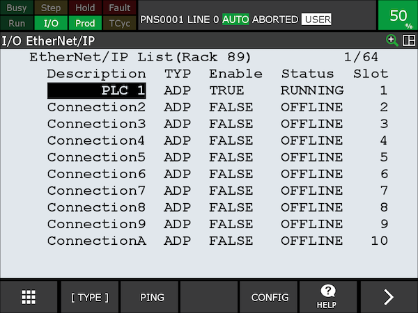 Ethernet/IP connection list