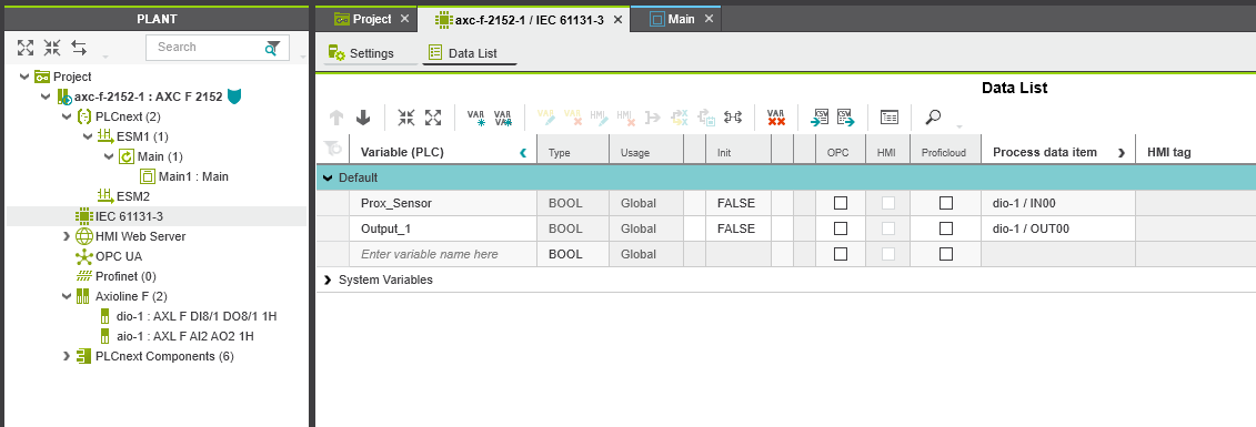 Global PLCnext variables