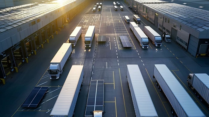 AI image of trucks in a warehouse loading yard