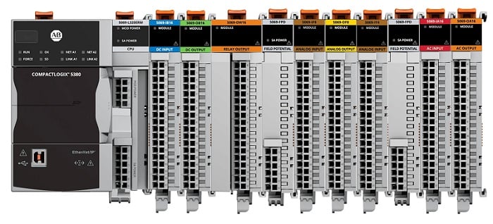 A Rockwell CompactLogix chassis with I/O modules