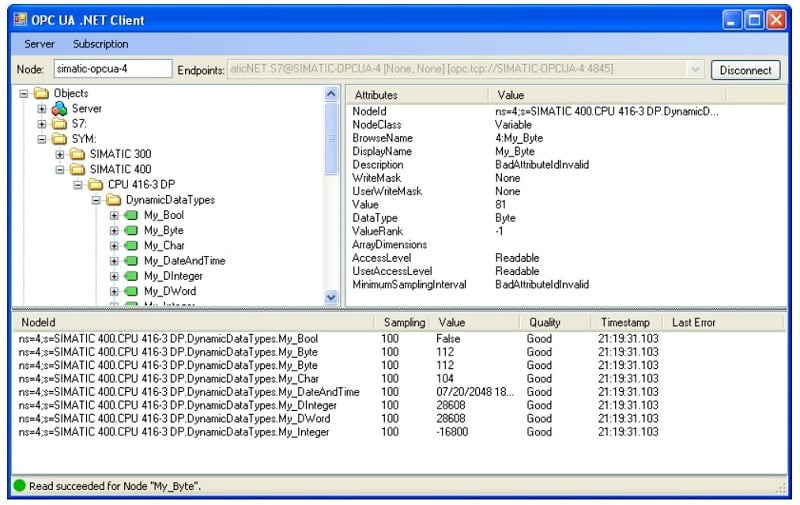 Example OPC UA node setup from Siemens